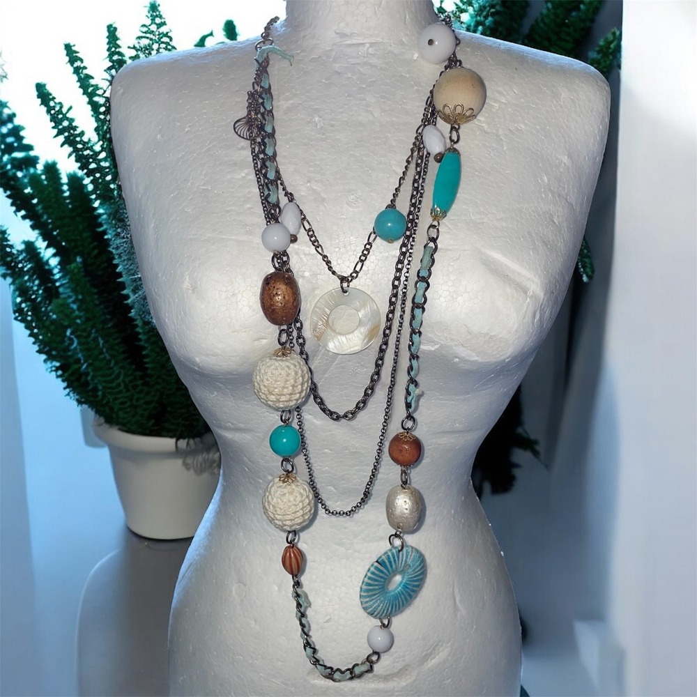 Boho Layered Statement‎ Necklace blue White textile Wood Beads vintage fashion